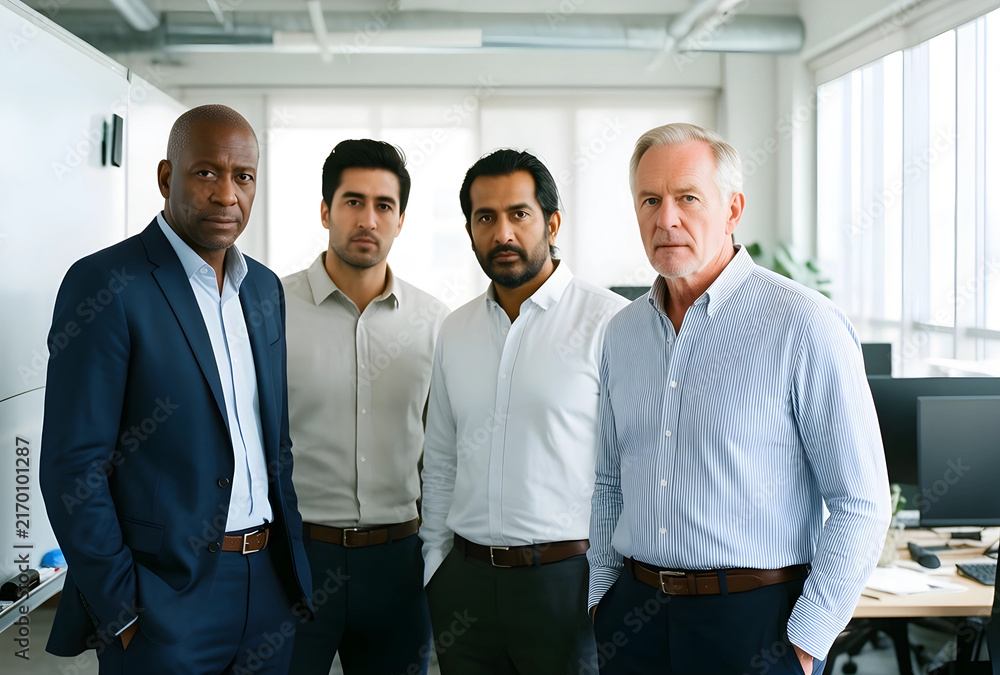 Obraz premium Diverse business team collaboration, multi-ethnic group of male professionals standing in a modern office environment, corporate leadership and inclusion