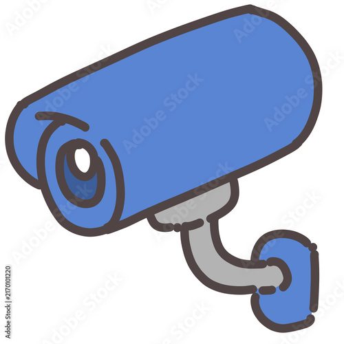 Security camera icon illustration. Hand drawn blue wall mounted surveillance camera isolated on white background.