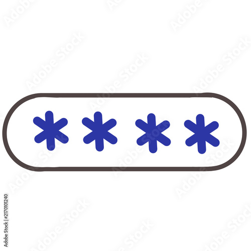 Password input field icon illustration. Hand drawn rounded box with four blue asterisks isolated on white background.