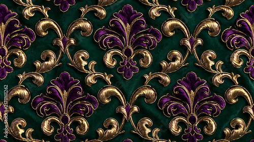 Vintage Fleur De Lis Baroque Pattern on Green Velvet