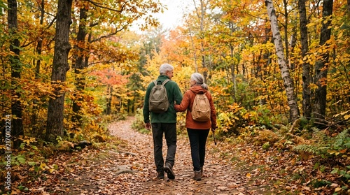 Elderly couple holding hands walking on a path in an autumn forest with colorful foliage and fallen leaves