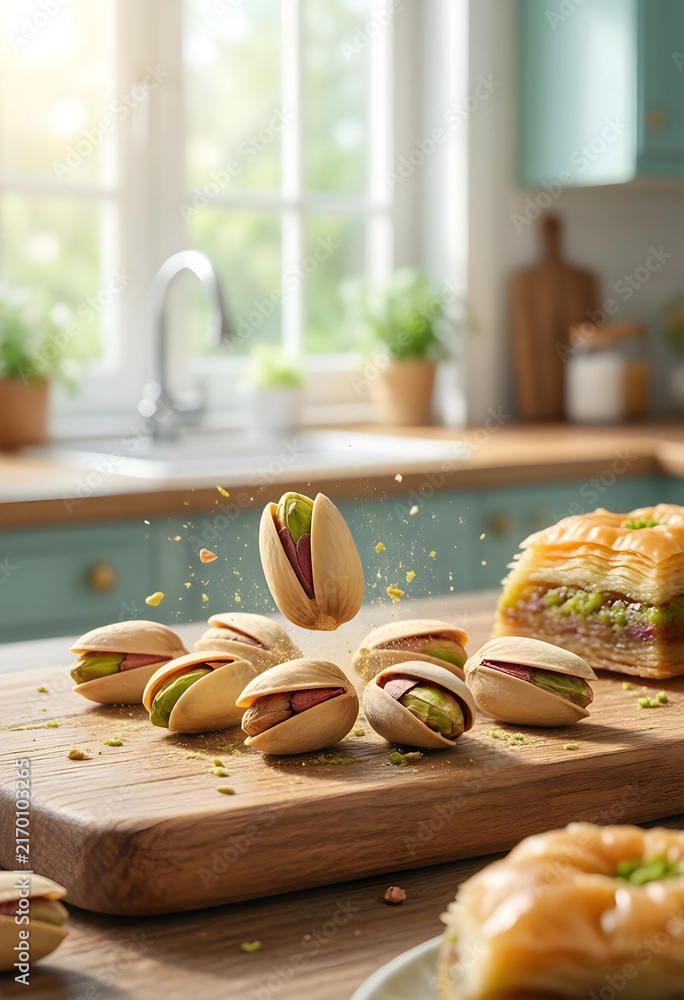 Obraz premium Healthy snacking and mediterranean cuisine, pistachios falling onto a wooden board with baklava in a bright kitchen