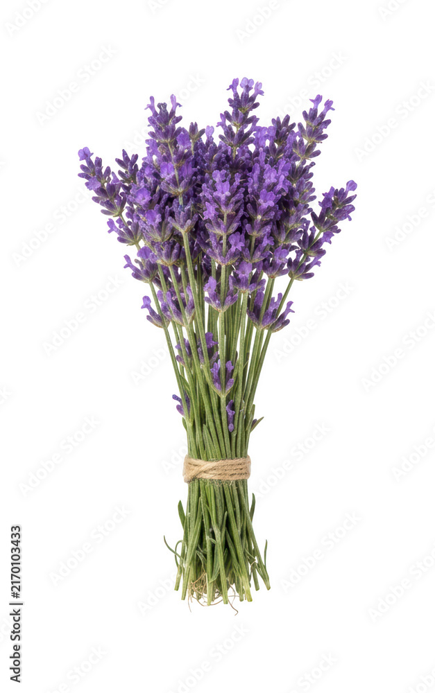 Obraz premium Purple Lavender Flower Bouquet Tied With Rustic Rope Isolated