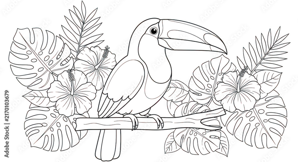 Fototapeta premium Toucan bird sitting on a branch with tropical flowers and leaves line art isolated on transparent background
