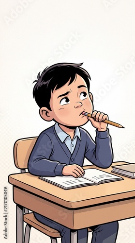 Cartoon of a thoughtful schoolboy sitting at his desk with a pencil