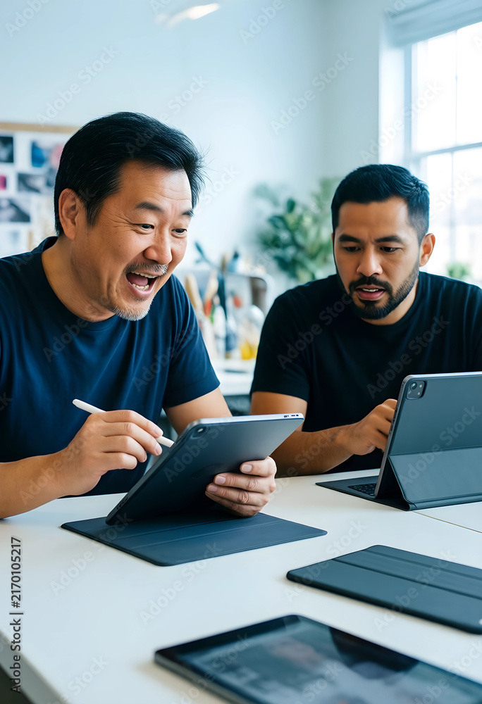 Obraz premium Digital collaboration and creative teamwork, two men working with tablets and stylus in a modern office setting