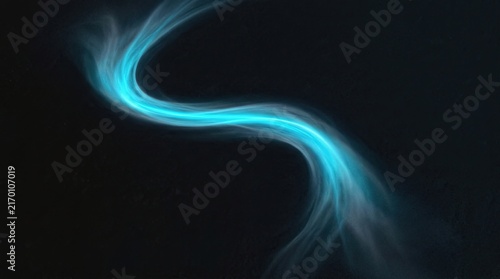 Abstract cyan light ribbon curving across a dark black background in a flowing motion with curves gracefully across glowing cyan composition backgrounds minimalist movement radiance ethereal with wave