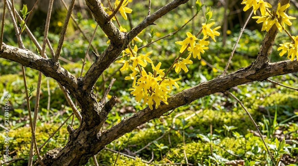 Obraz premium Vibrant golden petals burst forth from bare limbs within a spring woodland scene golden blossom spring bloom bright yellow flower bare tree branches sunny park landscape soft shadow play lush