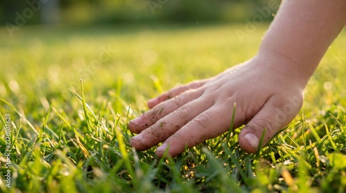 Child's hand touching grass in a sunlit outdoor during kid doing cartwheel grass