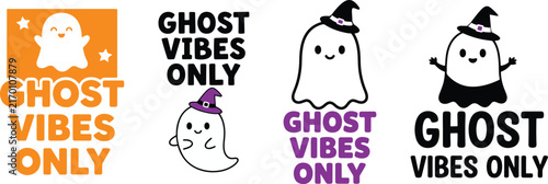 Cute Halloween Characters T-Shirt Design Set with Ghosts, Cats and Trick-or-Treat Themes