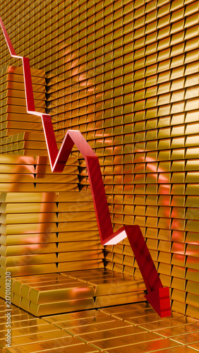 Gold Market Sell Off with Red Falling Arrow and Gold Bars Showing Declining Price Investment Loss and Weak Financial Market Trend 3D Rendering