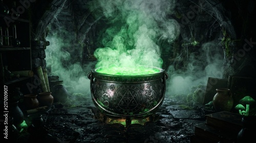 Cauldron with green glowing potion isolated on a dark foggy background