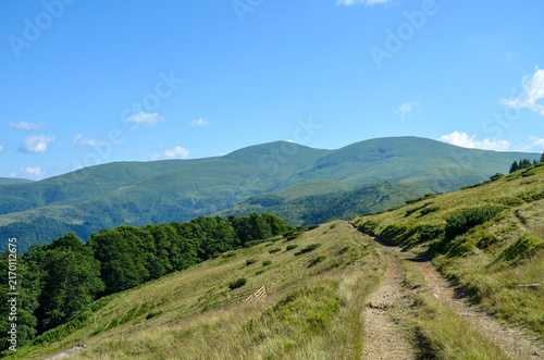 Rocky mountain trail winds across rolling green hills under a bright blue sky with scattered clouds, evoking peaceful hiking, outdoor adventure, wide-open landscapes and summertime exploration