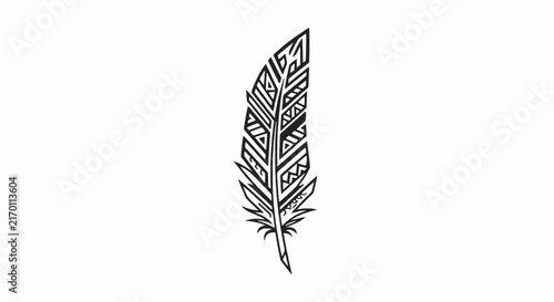 A black and white tribal feather illustration with geometric patterns on a white background