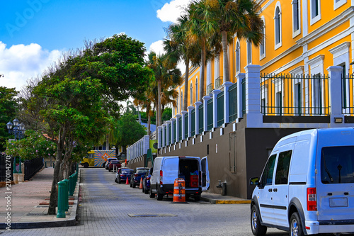 Canvas Print Picture of street with palm trees taken from the street at the Old San Juan in Puerto Rico
