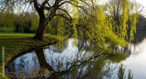 Weeping willow tree by a calm lake in a peaceful park setting during golden hour.