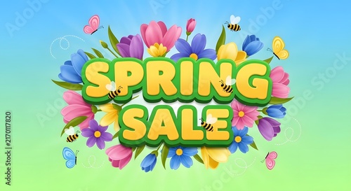 Vibrant spring sale floral banner with colorful blooms and bees on turquoise background