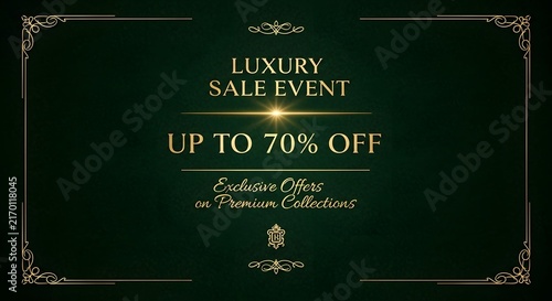 Luxury sale event banner with gold ornate frame on dark green background