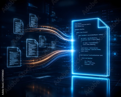 Advanced programming concept visualizing data processing and digital document transformation with glowing code.
