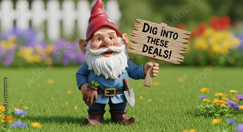 Garden gnome holding humorous sign about procrastination in blooming flower bed