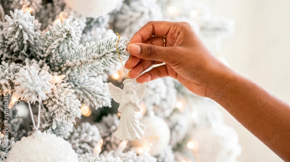 Fototapeta premium A happy family enjoys spending time together during the winter holidays. A hand gently hangs a delicate white porcelain angel ornament onto the snowy branches of a tree.