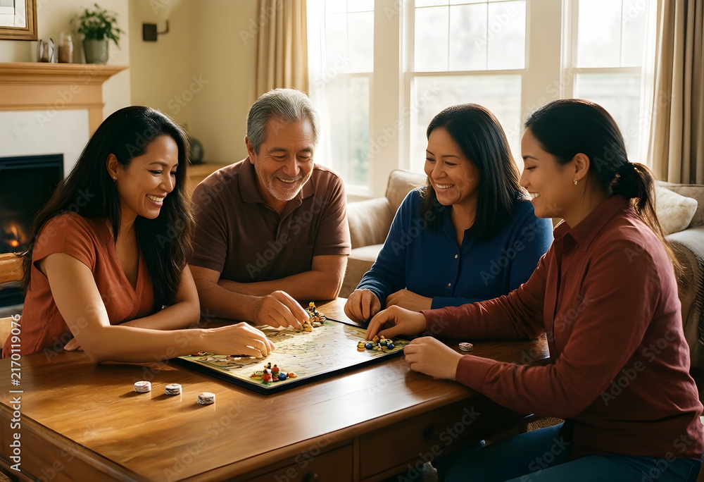 Fototapeta premium Multi-generational family bonding and togetherness, diverse family playing board game at home, happy leisure activity