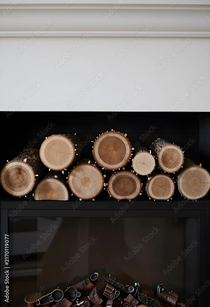 Naklejka premium Cozy home interior design with stacked firewood logs in a modern fireplace, natural wood texture and warmth