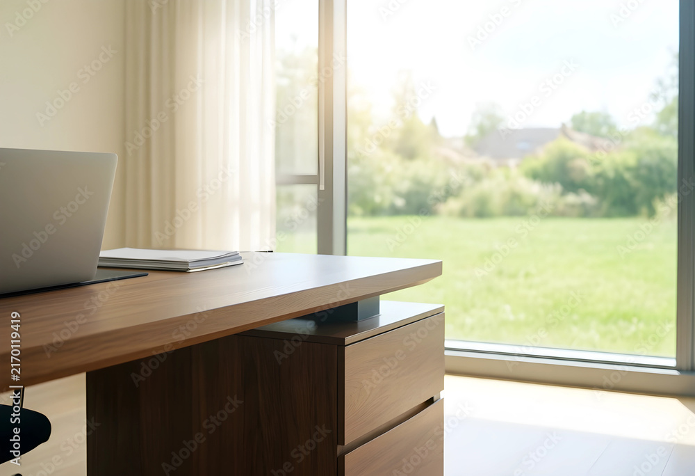 Naklejka premium Remote work and home office setup, modern wooden desk with laptop and documents by a large window with green garden view