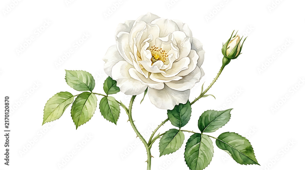 Obraz premium A delicate white rose in full bloom accompanied by a small closed bud, green leaves, and a thorny stem, rendered as a botanical on transparent isolated on a transparent background