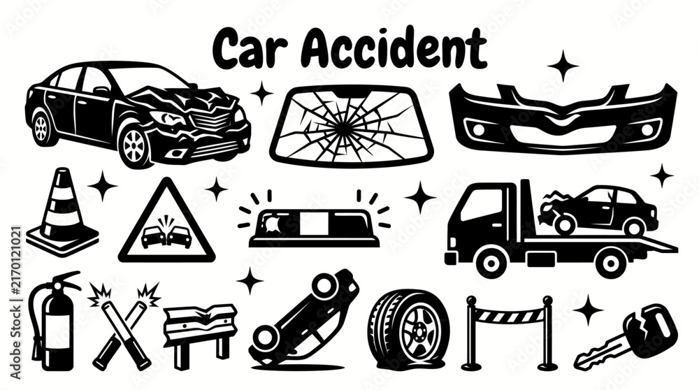 Naklejka premium car accident scenes featuring damaged vehicles broken windshields dented bumpers warning signs traffic cones emergency lights tow trucks and roadside safety equipment insurance claims road safety