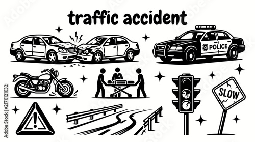traffic accident scenes featuring crashed cars motorcycles road barriers warning triangles police vehicles emergency responders traffic lights skid marks and damaged road infrastructure for road