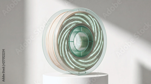 Transparent spool of 3D printing filament with pastel colors on a white pedestal in soft lighting