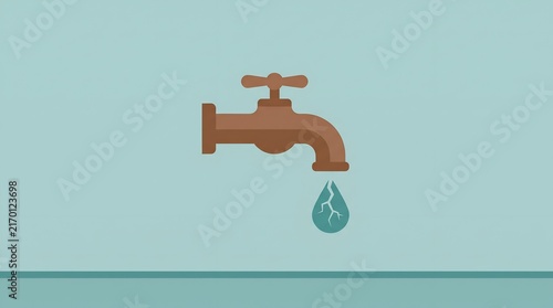 Flat icon of a water faucet dripping a cracked liquid drop illustration