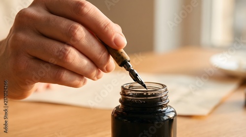Hand dipping vintage dip pen into black ink bottle on wooden desk
