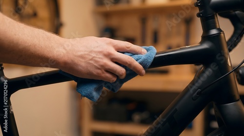 Hand cleaning a bicycle frame with a blue microfiber cloth in a workshop