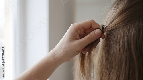 Hand pinning long blonde hair with metal clip for styling