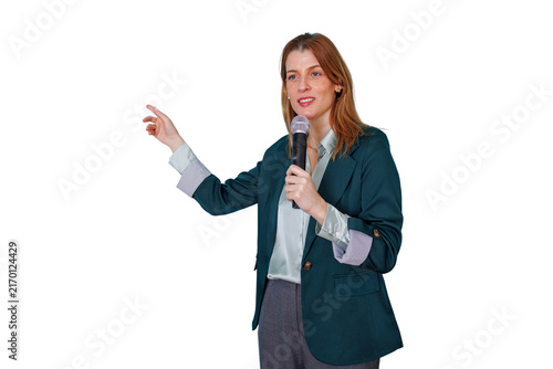 Fotografía Businesswoman giving a presentation, speaking at a conference with a microphone,