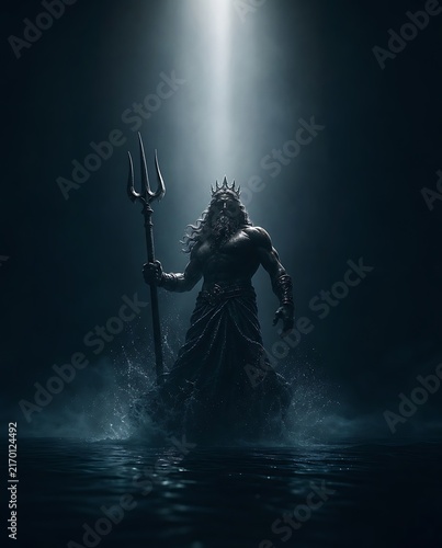 Dramatic cinematic portrait of Poseidon holding a trident standing in dark ocean waters under spotlight