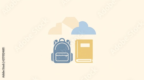 Minimalist blue backpack and yellow book with clouds illustration for education