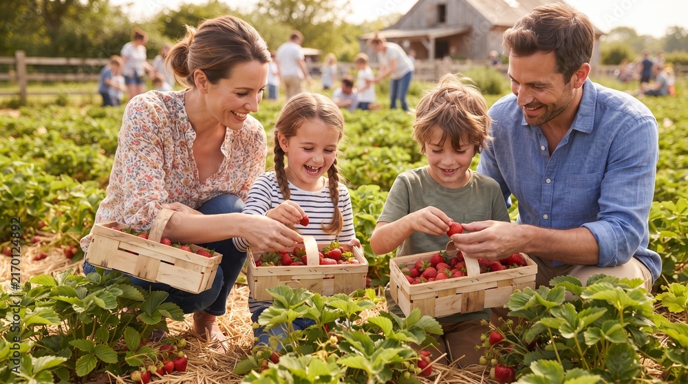 Fototapeta premium A happy family is picking strawberries at a farm on a sunny day, with a barn in the background.