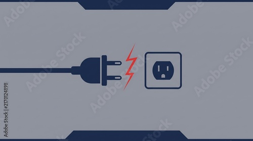 Power plug and outlet with lightning bolt, illustrating electricity problem