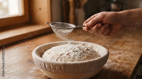 Hand sifting flour over raw sourdough bread dough in a rustic kitchen
