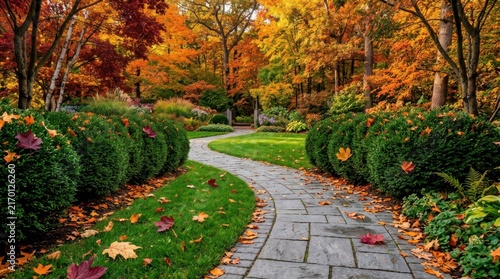 Stone pathway winding through autumn garden landscape with vibrant colorful trees and trimmed hedges.