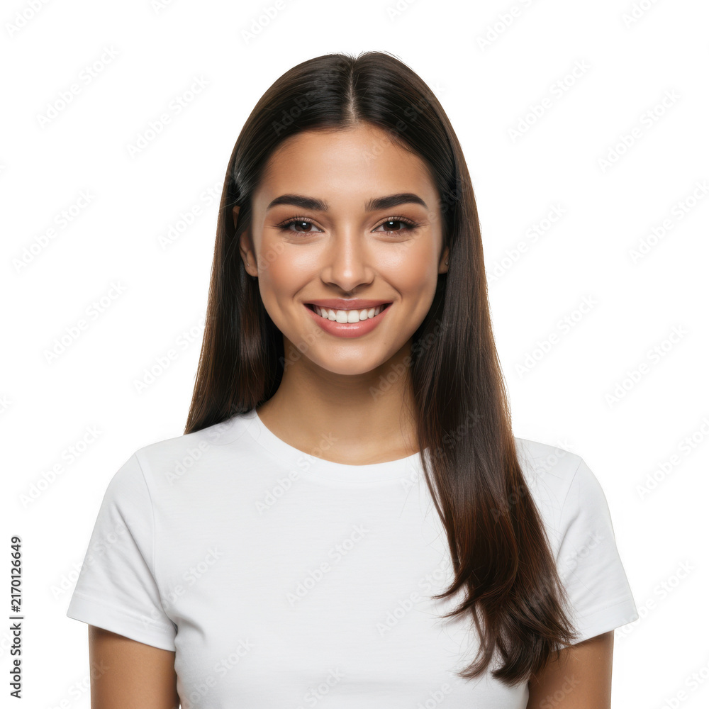 Fototapeta premium Smiling woman in white t shirt isolated on transparent background