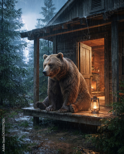 Grizzly Bear Sitting on Porch of Cozy Cabin in Rain