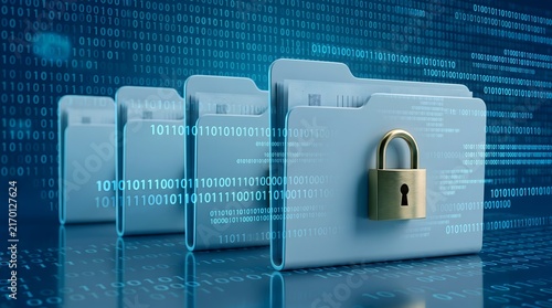 Naklejka Glowing blue digital file folders with gold padlock and binary code representing cybersecurity encrypted data and secure network storage.