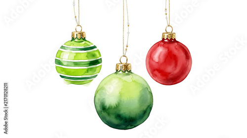 Three christmas ornaments hanging by strings, one red, one light green, and one green with white stripes, watercolor isolated on a white background isolated on a transparent background