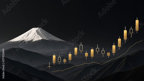 Naklejka 富士山と調整を挟みながら上昇する金色の株価チャート