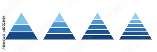 Blue pyramid hierarchy infographic set with 3 to 6 tier levels for business strategy, ranking, progression, growth, process, education and presentation design.