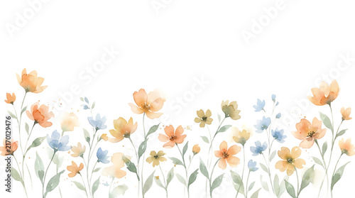 A horizontal border of hand-painted watercolor flowers in soft peach and blue tones with green stems and leaves on a white background isolated on a transparent background